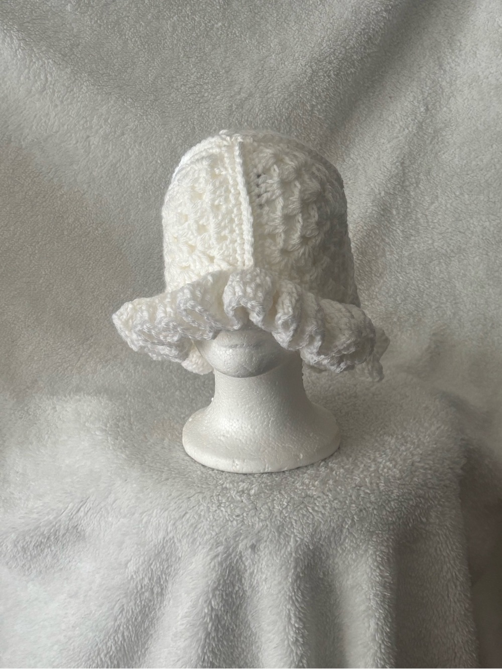 Handmade Crocheted Ruffle Bucket Hat in White